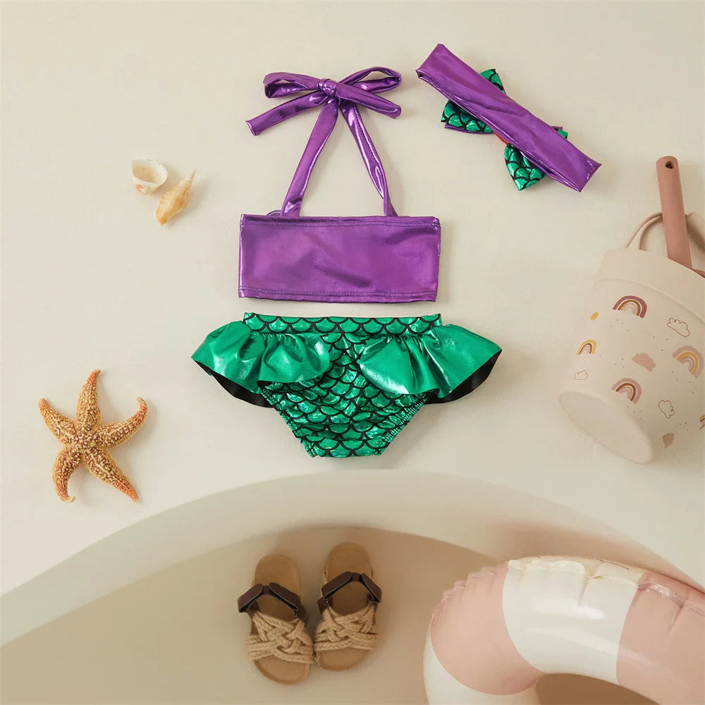 Polyester girls' swimsuit with mermaid design, tankini top, bikini bottom, and a decorative headband, comfy fit