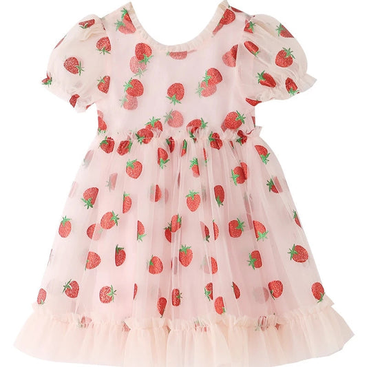 Adorable girls' pink strawberry print puff sleeve dress for toddlers, perfect summer playwear