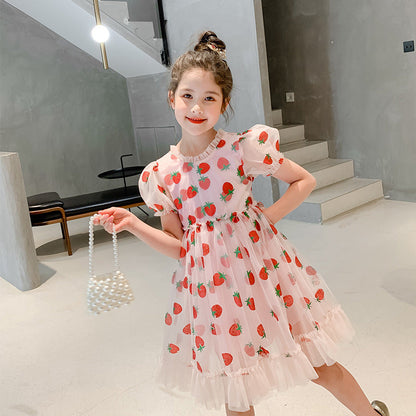 Toddler girl's pink dress with sweet strawberry print & stylish puff sleeves, ideal for summer