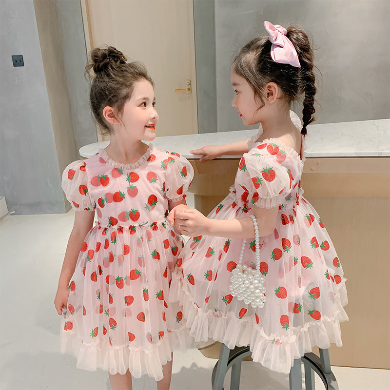 Childrens clothing: girls' pink strawberry pattern dress with elegant puff sleeves and ruffles