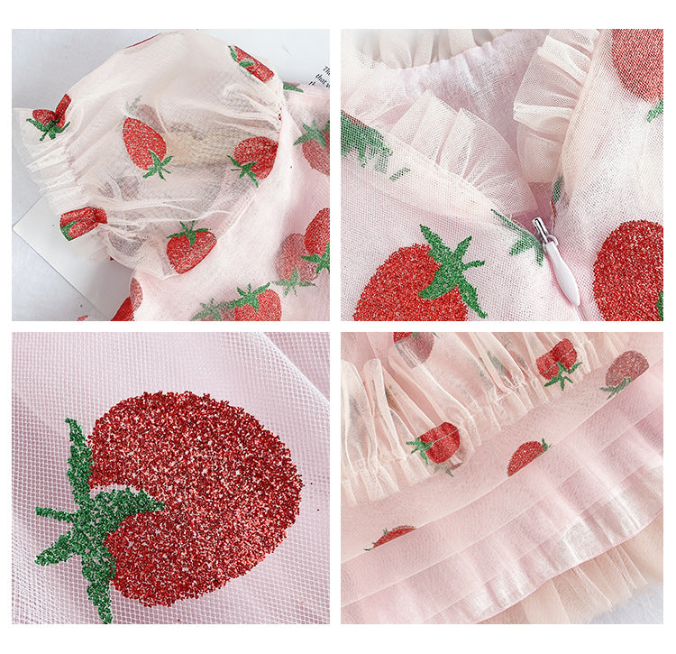 Pink strawberry print dress for baby girls, designed with comfortable puff sleeves