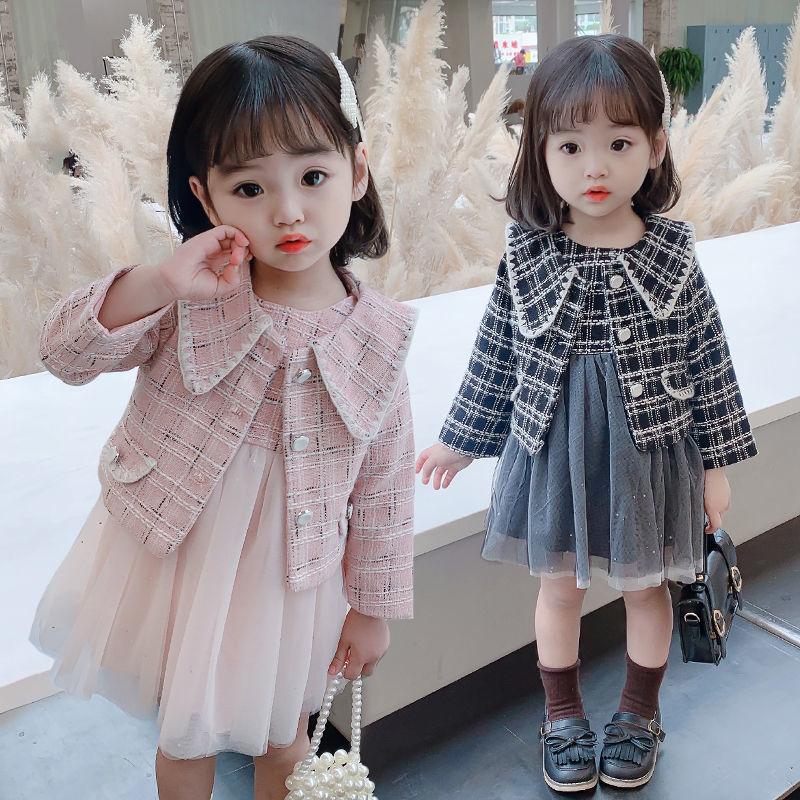 Adorable girls' plaid jacket and mesh party dress set, perfect toddler outfit for special occasions.