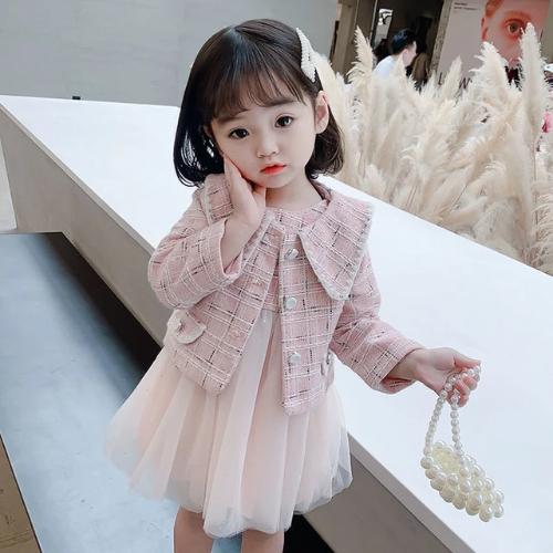Stylish girls' plaid jacket paired with a white mesh dress, a cute autumn wear kids fashion set.