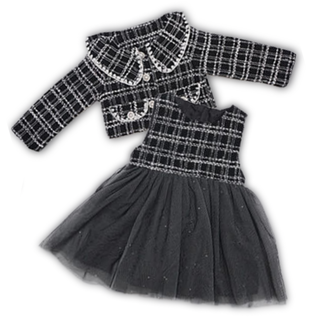 Toddler girl in a cozy red plaid jacket and elegant mesh dress, ideal for parties and events.
