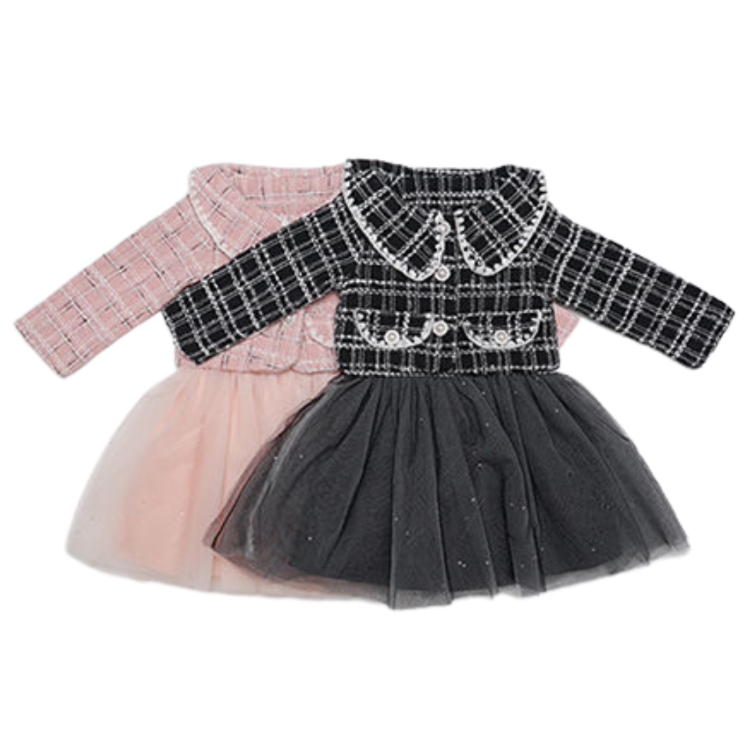 Two-piece girls' clothing set: a warm plaid jacket and a beautiful mesh cotton dress for autumn.