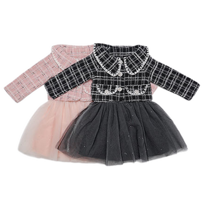 Two-piece girls' clothing set: a warm plaid jacket and a beautiful mesh cotton dress for autumn.