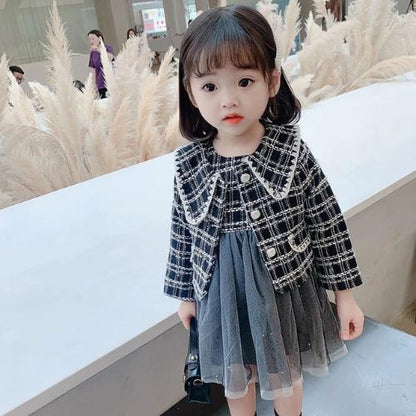 Chic girls' plaid jacket and mesh dress combo, a fashionable and comfortable special occasion outfit.