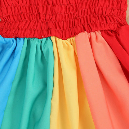 Girls' casual play dress with bright rainbow straps, comfortable cotton blend for summer, kids fashion