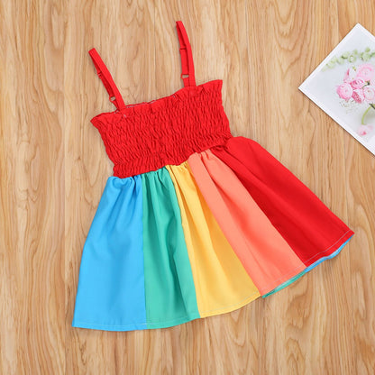 Back view of a girls' rainbow strap summer dress, highlighting adjustable straps and comfy design for toddlers