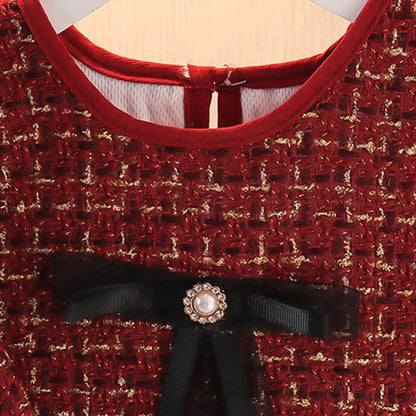 Girls' autumn winter plaid clothing set, featuring a durable coat and an elegant dress.