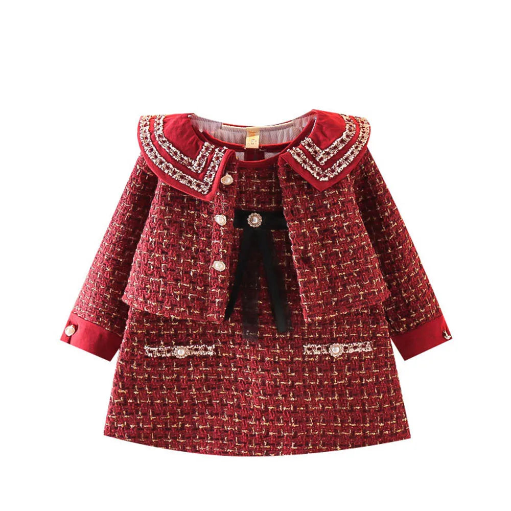 Warm red plaid coat and dress set, a must-have autumn winter ensemble for girls.