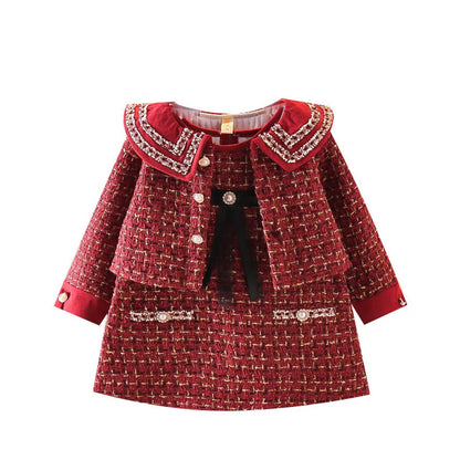 Warm red plaid coat and dress set, a must-have autumn winter ensemble for girls.