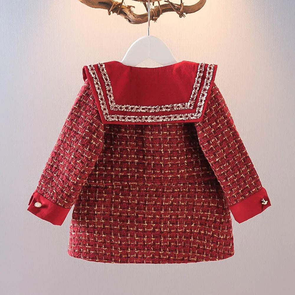 Stylish kids' red plaid coat and dress outfit for baby girls, comfortable and warm.
