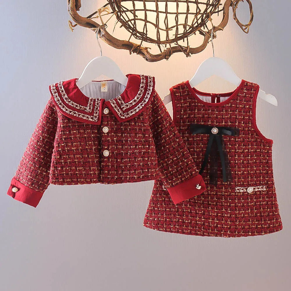 Fashionable girls' plaid set, including a button-up coat and a comfortable dress for kids.