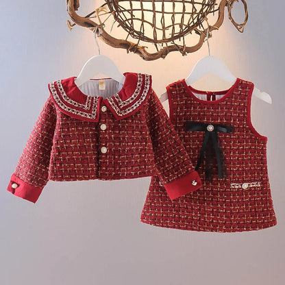 Fashionable girls' plaid set, including a button-up coat and a comfortable dress for kids.