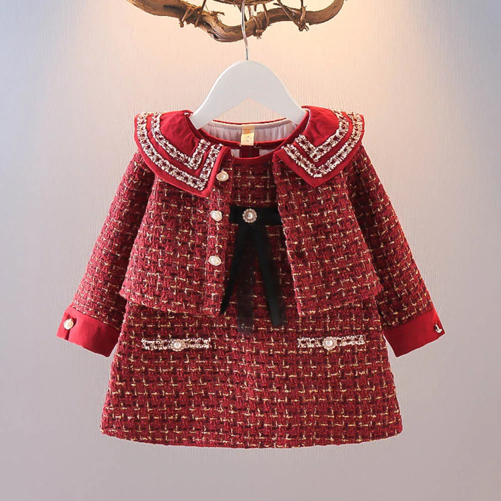 Red plaid coat and dress set for baby girls, smart and cozy for autumn winter seasons.