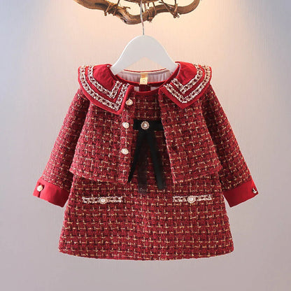 Red plaid coat and dress set for baby girls, smart and cozy for autumn winter seasons.