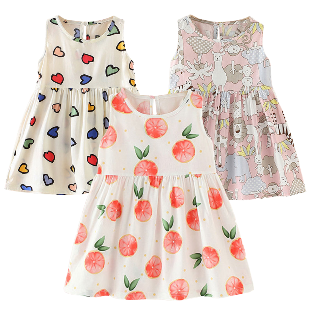 Adorable girls' sleeveless sundress with vibrant pattern print, perfect for summer playwear