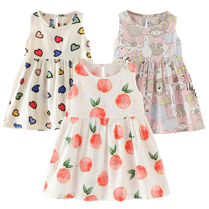 Adorable girls' sleeveless sundress with vibrant pattern print, perfect for summer playwear