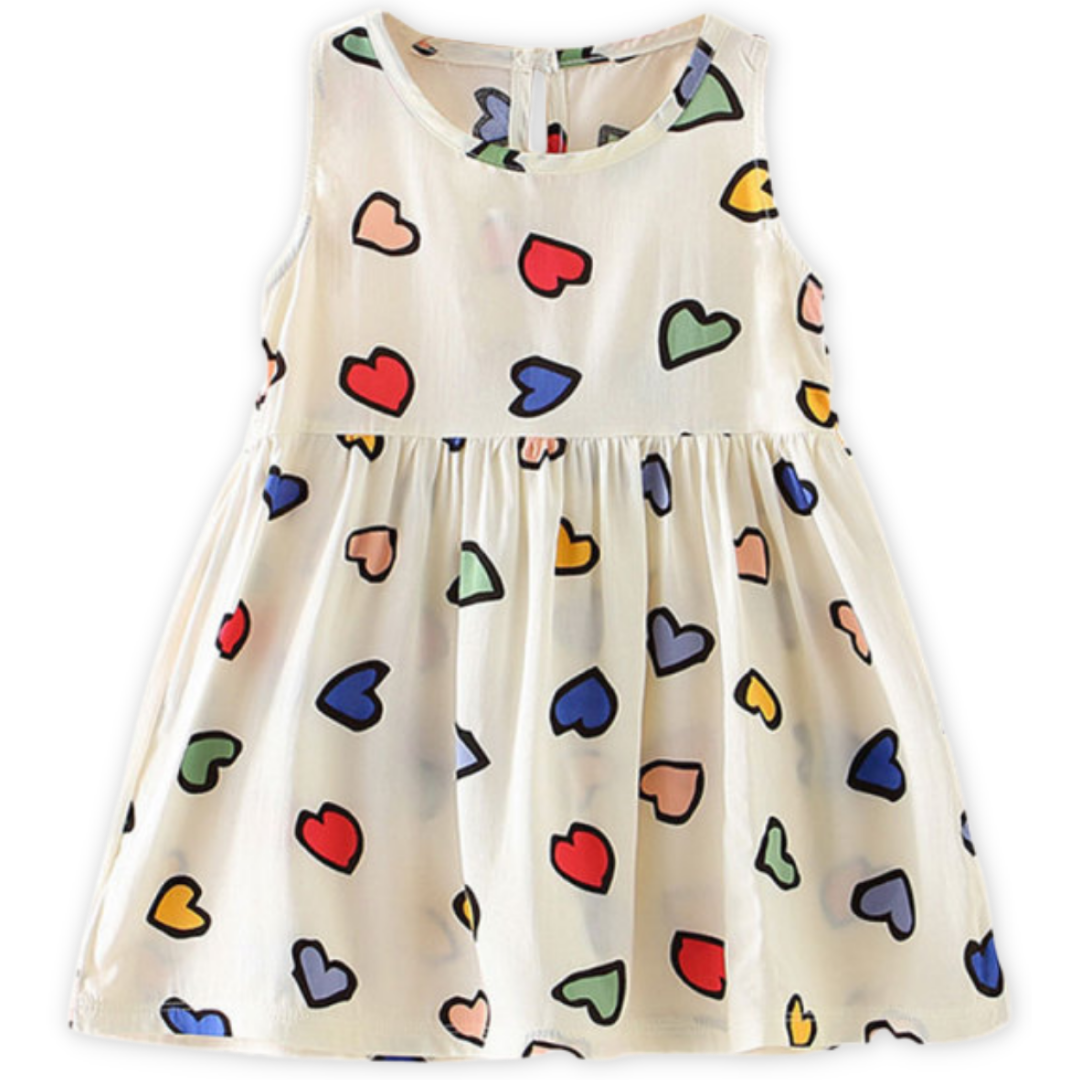 Cute kids' sleeveless sundress featuring a colorful all-over pattern, great for warm weather