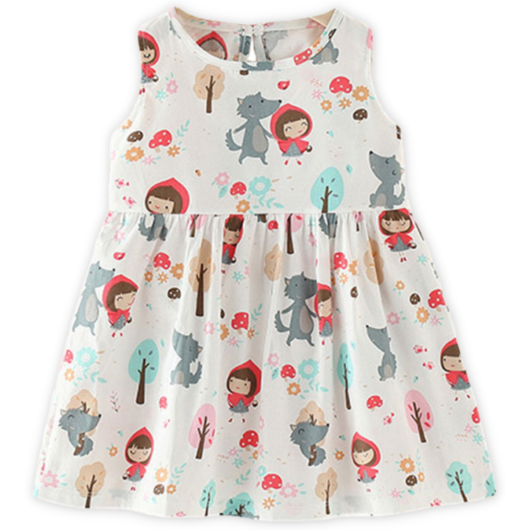 Toddler girls' sleeveless dress with fun pattern print; comfortable cotton playwear