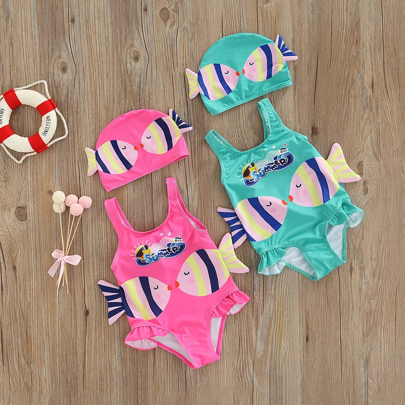 Adorable girls' swimsuit with colorful fish print & matching swim cap, perfect for toddlers' summer pool fun