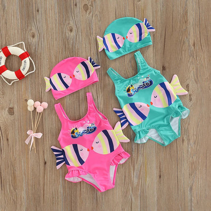 Adorable girls' swimsuit with colorful fish print & matching swim cap, perfect for toddlers' summer pool fun