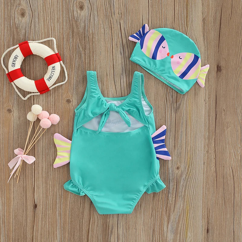 Cute kids' swimwear set: a one-piece girls' swimsuit featuring a fun fish pattern and a matching cap