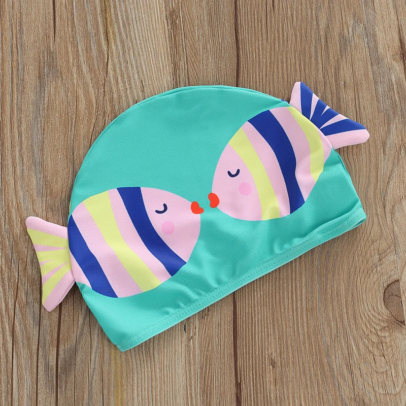 Summer outfit for toddlers: a polyester girls' swimsuit with bright fish print and a comfortable swim cap