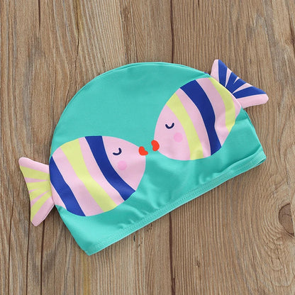 Summer outfit for toddlers: a polyester girls' swimsuit with bright fish print and a comfortable swim cap