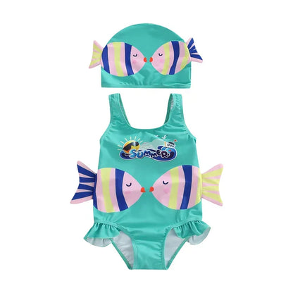 Beachwear essential: a durable girls' fish print swimsuit and swim cap, ideal for sunny days