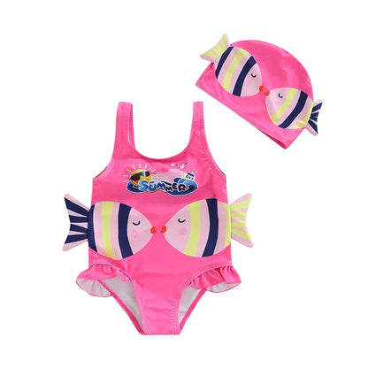 Colorful fish print toddler girl's swimsuit and swim cap, designed for comfort and fun at the pool