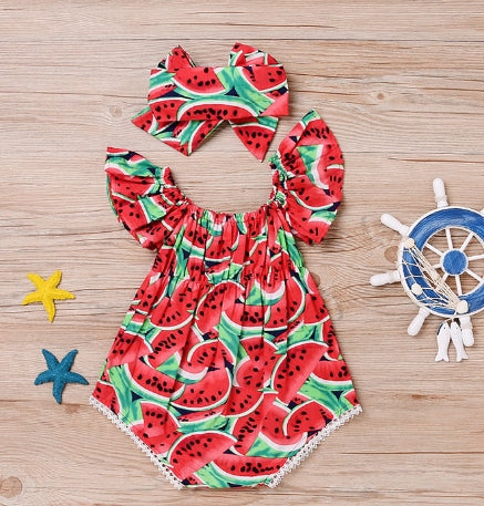Adorable girls watermelon print summer dress and matching headband set, perfect for toddler parties.