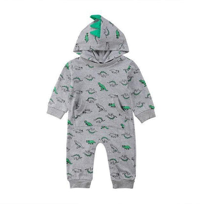 Sweet baby long sleeve dinosaur jumpsuit, hooded design, soft cotton infant wear.