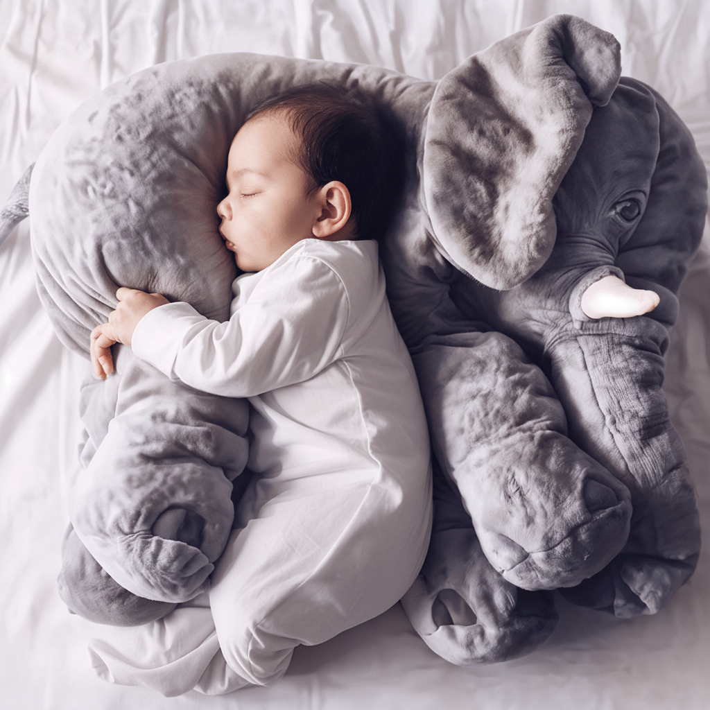 Adorable grey elephant plush pillow for cuddles, ideal for babies, toddlers & nursery decor. Soft stuffed animal.