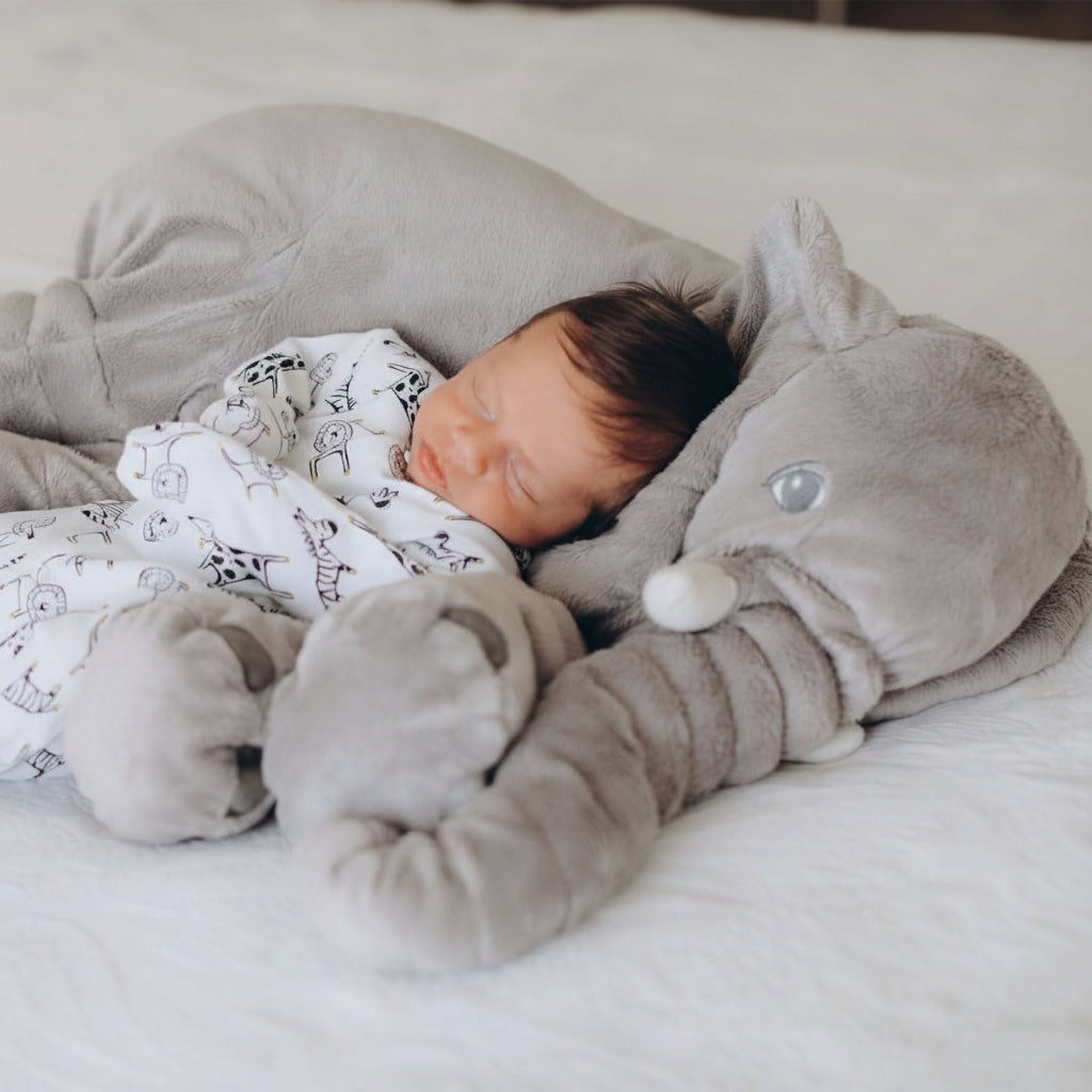 Cute grey elephant stuffed animal, a super soft plushie perfect as a comfort cuddle pillow for kids.