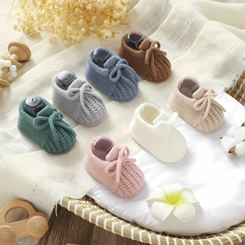 Adorable handmade baby knit booties in soft white yarn, cozy and comfortable for infants.