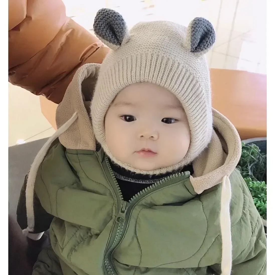 Soft baby balaclava with small animal ears, cozy winter headwear for infants