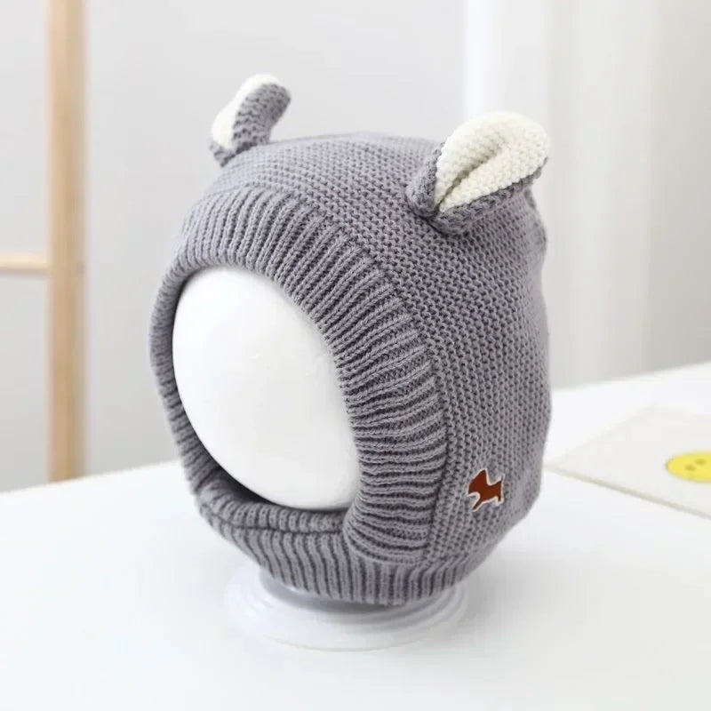 Charming baby winter hat, balaclava style with bear ears, gray color, comfy fit