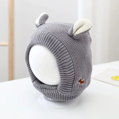 Charming baby winter hat, balaclava style with bear ears, gray color, comfy fit