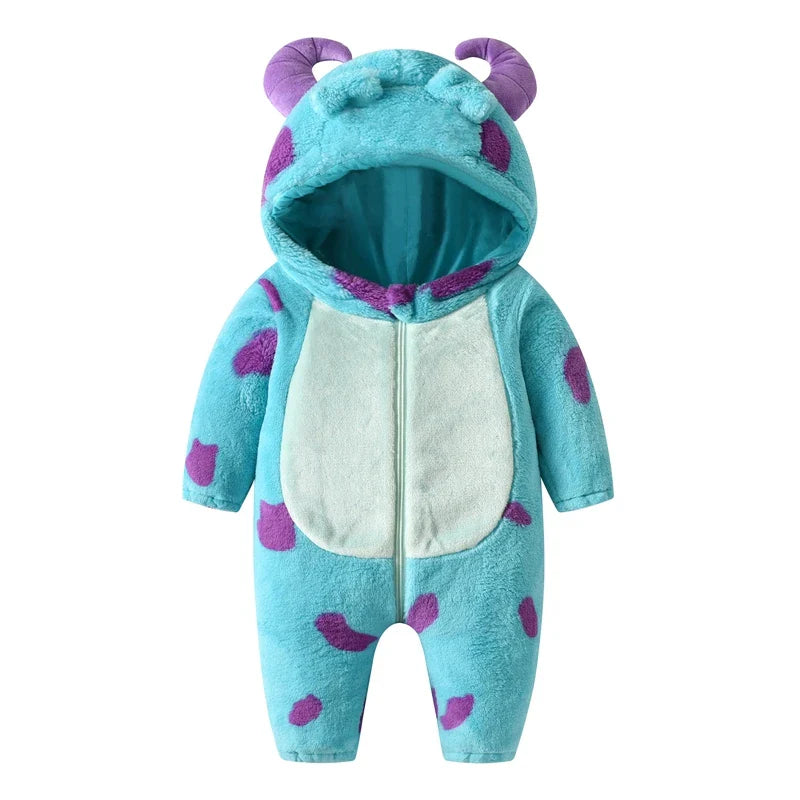 Adorable infant fleece jumpsuit, horn hooded, in a warm winter light brown color for baby boy or girl.