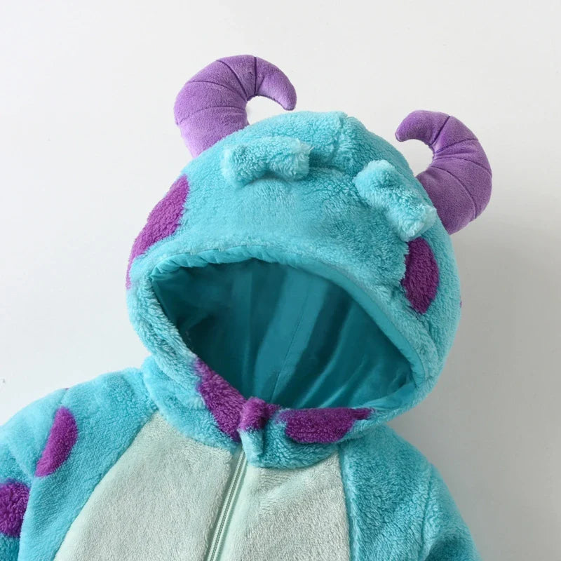 Cozy baby romper, fleece snowsuit with cute horn hood, perfect warm winter outfit for infants.