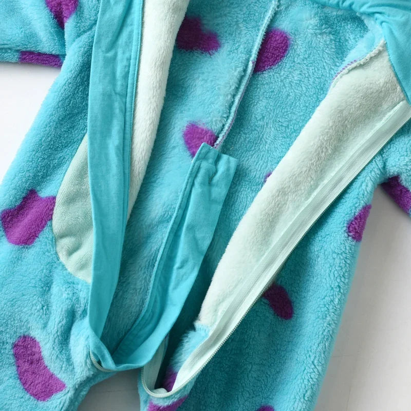 Close-up of the horn hooded detail on a warm, cozy infant fleece jumpsuit snowsuit.