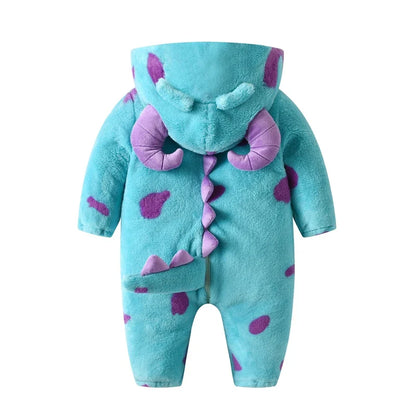 Infant baby boy or girl wearing a super soft fleece horn hooded winter romper, perfect for cold weather.