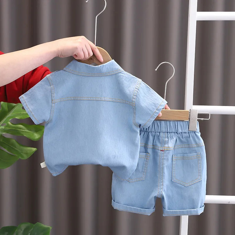 Toddler denim shorts and top set, a stylish and comfortable cotton spandex summer outfit for kids.