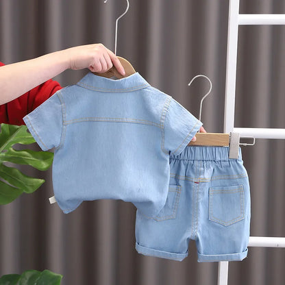 Toddler denim shorts and top set, a stylish and comfortable cotton spandex summer outfit for kids.