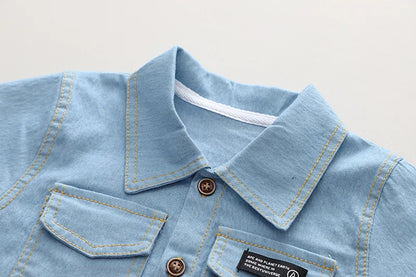 Playful kids' summer fashion: blue denim short set with soft cotton spandex for active children.