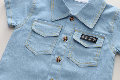 Close-up of a children's denim outfit, highlighting the quality cotton spandex fabric for summer comfort.