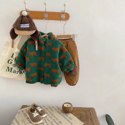 Front view of a kids' winter bear print fleece vest, soft and comfortable clothing
