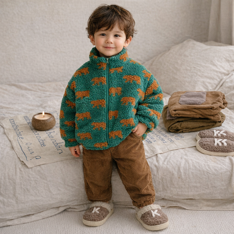 Side view of a warm children's vest with bear print, great for everyday wear